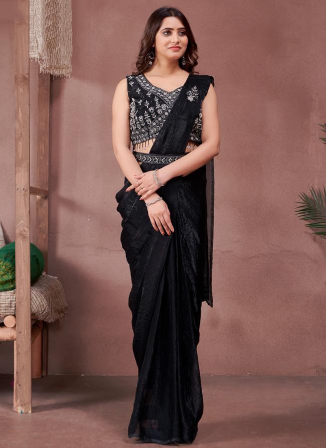 Sattin Black Party Wear Embroidery Work Ready To Wear Saree